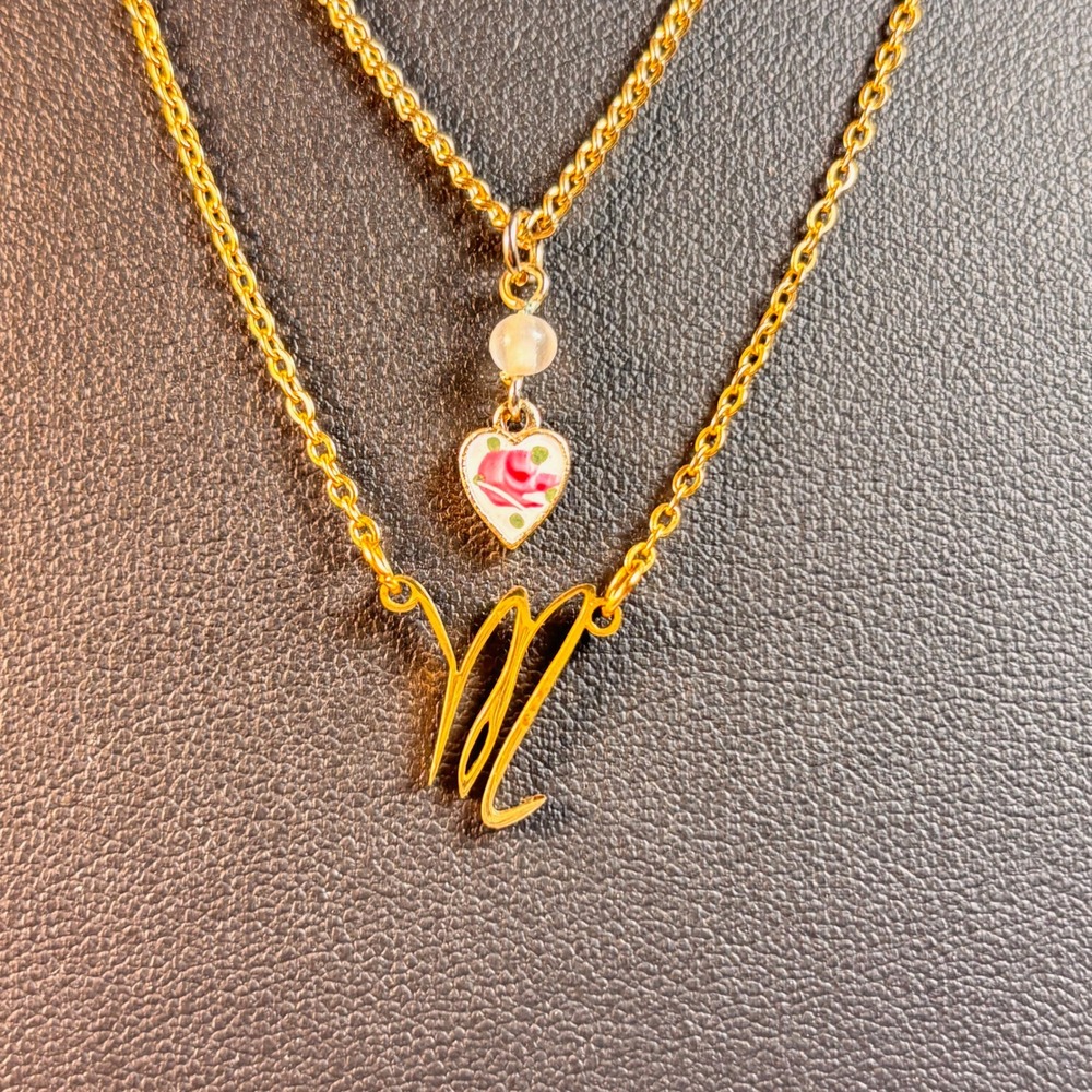 Vintage Layered Necklace Gold Initial M Floral Heart Cottagecore Boho Romantic